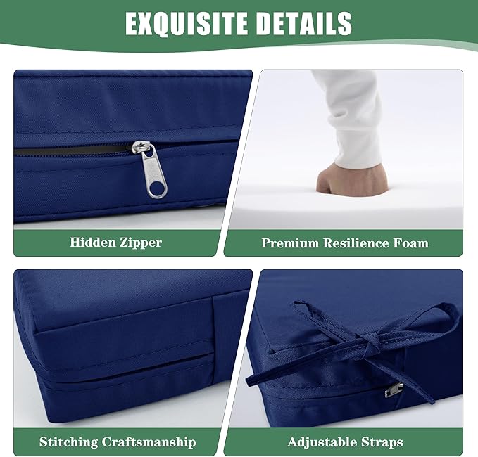 Outdoor Cushions for Patio Furniture 24 x 24 Inch, Double-Sided Waterproof Backrest and Deep Seat Cushion Set with Removable Cover, Navy, 1 Set
