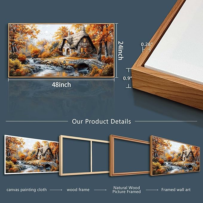QIYILEXWART Large Wall Decor For Living Room Canvas Wall Art For Office Modern Wall Decorations For Bedroom Autumn Cottage River Landscape Painting Farmhouse Pictures Artwork Room Home Decor 24x48