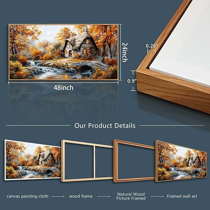 QIYILEXWART Large Wall Decor For Living Room Canvas Wall Art For Office Modern Wall Decorations For Bedroom Autumn Cottage River Landscape Painting Farmhouse Pictures Artwork Room Home Decor 24x48