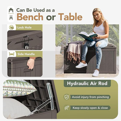 Flamaker Deck Box with Cushion 98 Gallon Waterproof Resin Storage Box with Air Rod Indoor Outdoor Lockable Storage Bench for Patio Furniture, Tools, Pool Accessories (Deep Brown)