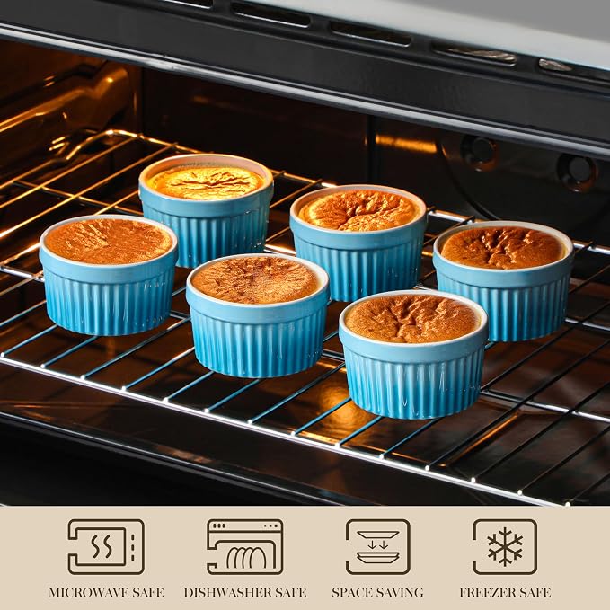 MALACASA Ramekins 8 oz Oven Safe, Large Ceramic Souffle Dishes for Baking & Serving, Stoneware Custard Cups Ramekin for Creme Brulee, Baking Bowls Set of 6, Blue, Series RAMEKIN-DISH