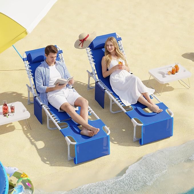5-Position Adjustable Folding Beach Chaise Lounge Chair with Face Hole & Detachable Side Table, Portable Reclining Sun Tanning Lounger, Pool Chair with Storage Pocket & Shoulder Carry Strap, Max 330L