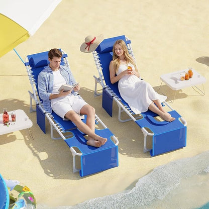 5-Position Adjustable Folding Beach Chaise Lounge Chair with Face Hole & Detachable Side Table, Portable Reclining Sun Tanning Lounger, Pool Chair with Storage Pocket & Shoulder Carry Strap, Max 330L