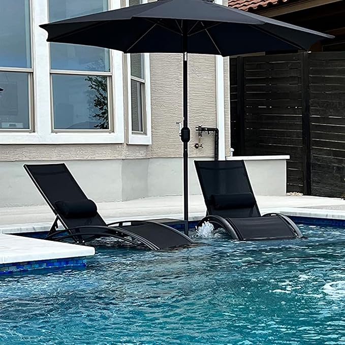 PURPLE LEAF Patio Chaise Lounge Set of 3 Outdoor Lounge Chair Beach Pool Sunbathing Lawn Lounger Recliner Chiar Outside Tanning Chairs with Arm for All Weather, Side Table Included, Black