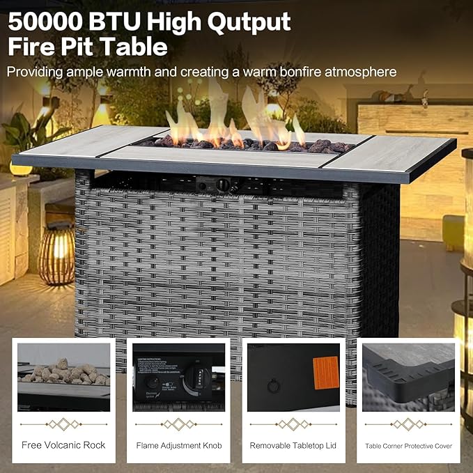 7 Pieces Outdoor Patio Furniture Conversation Set Rattan Wicker with Fire Pit Table, 3 Seat Sofa, 2 Swivel Rocker Chairs, 2 Ottomans and 1 Side Table for Yard Backyard (Grey/Navy Blue)