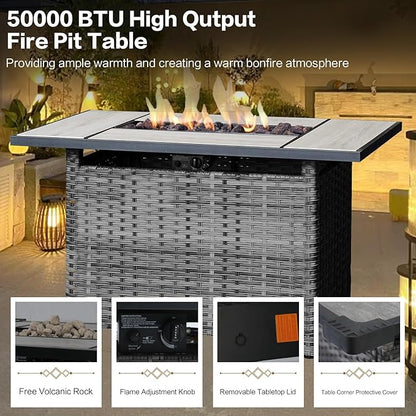 7 Pieces Outdoor Patio Furniture Conversation Set Rattan Wicker with Fire Pit Table, 3 Seat Sofa, 2 Swivel Rocker Chairs, 2 Ottomans and 1 Side Table for Yard Backyard (Grey/Navy Blue)