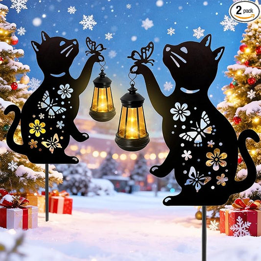 Cat Outdoor Solar Lantern Waterproof, Birthday Gifts for Christmas Women Mom, Solar Hanging Lights with Butterfly, Black Cat Metal Figurine Garden Decor Patio Yard Pathway Backyard Ornaments, 2 Pack