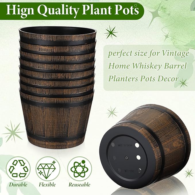 8 Pcs 9.17inch Plant Pots Whiskey Barrel Planter Flower Pot with Drainage Holes Plastic Decoration Large Flower Pots for Indoor Outdoor Plants Garden Home Plants for All Houseplants