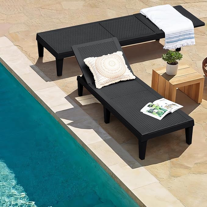 Homall Outdoor Lounge Chairs Set of 2, Quick Assembly & Waterproof Patio Chaise Lounge with Adjustable Backrest for Poolside, Beach, Garden (Black)