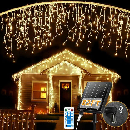 Solar Icicle Lights Outdoor Waterproof - 82Ft 660LED Solar Powered Icicle Christmas Lights for Outside with Remote, Warm White LED Icicle String Lights Great for Wedding Party Porch Yard Decor