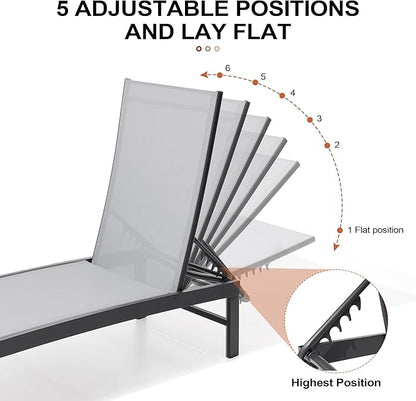 Crestlive Products 2PCS Chaise Lounge Chair Outdoor with 1PC Side Table, Adjustable 5 Positions Pool Tanning Recliner, Outdoor Lounge Furniture Perfect for Patio, Beach, Yard, Pool