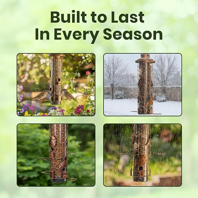 Squirrel-Proof Bird Feeders for Outdoors Feeds Mealworms and Seeds - Large 3-Pound Capacity, Weather-Resistant Hanging Tube for Birds Includes Seed Scoop, 4 Hook-Shaped Perches, Anti-Squirrel Weights
