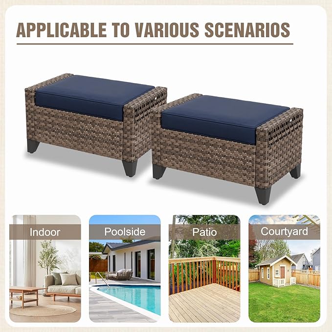 Modern Wicker Patio Furniture Set, Rattan Outdoor Conversation Set, 4 Swivel Rocking Chairs, 3 Seat Couch, 2 Ottomans, Coffee Table and Side Table, 9 Pieces, Brown/Blue