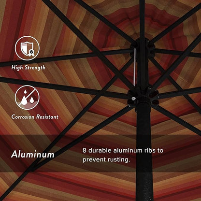 California Umbrella 9' Rd Aluminum Patio Umbrella, Crank Lift, Auto Tilt, Black Finish, Sunbrella Astoria Sunset