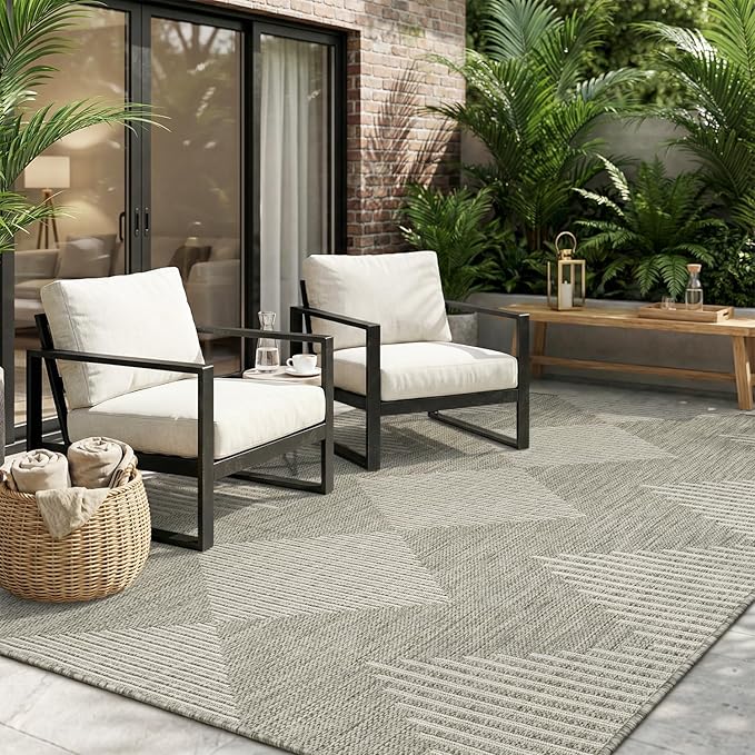 MontVoo-Outdoor Rug Carpet Patio Rug 6x9 Polypropylene Indoor Outdoor Rugs for Patio Deck Balcony Porch, Textured Weave, Durable for High Traffic, Fade-Resistant, Boho Geometric Silver Grey