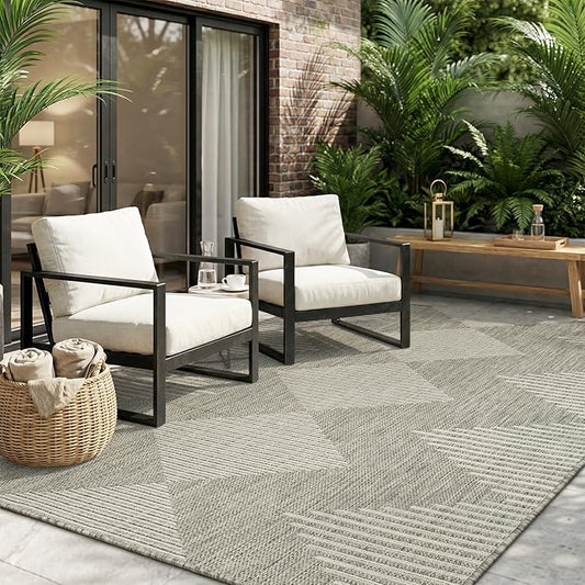 MontVoo-Outdoor Rug Carpet Patio Rug 6x9 Polypropylene Indoor Outdoor Rugs for Patio Deck Balcony Porch, Textured Weave, Durable for High Traffic, Fade-Resistant, Boho Geometric Silver Grey