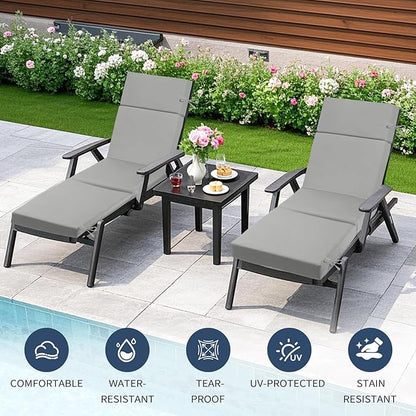 2 Pcs Outdoor Chaise Lounge Cushion 72" x 21" x 3", 4-Section Folding Patio Lounge Chair Cushion with Ties, Waterproof & Fade Resistant Replacement Cushion for Pool, Patio, Deck (Grey, 2 Pcs)