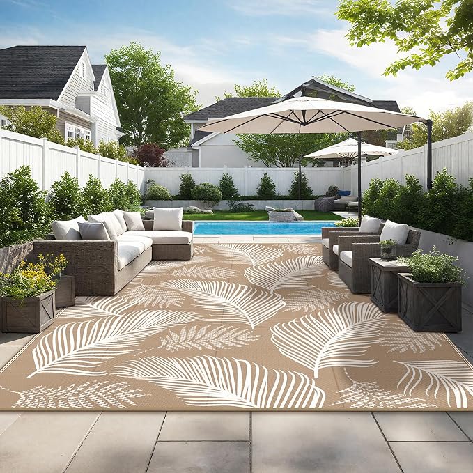 Pauwer Waterproof Outdoor Rug 9x12, Reversible Plastic Straw Patio Camping Rug, Indoor Outdoor RV Mat Carpet for Deck, Camper, Porch, Balcony, Backyard, Picnic, Leaf Brown