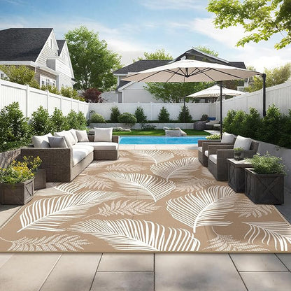 Pauwer Waterproof Outdoor Rug 9x12, Reversible Plastic Straw Patio Camping Rug, Indoor Outdoor RV Mat Carpet for Deck, Camper, Porch, Balcony, Backyard, Picnic, Leaf Brown