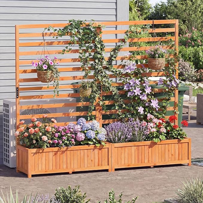 Giantex Raised Garden Bed with Trellis, 59” Tall Planter Box with Liner, Drainage Gaps for Climbing Vine Vegetable Flower, Indoor Outdoor Freestanding Privacy Screen for Porch Patio Yard