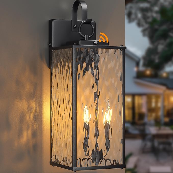 Dusk to Dawn Sensor Outdoor Light 18 Inch, Large 2-Light Bulb Outdoor Sconce Light Photocell Sensor Water Ripple Glass IP65 Waterproof Exterior Wall Lantern Lamp, E12