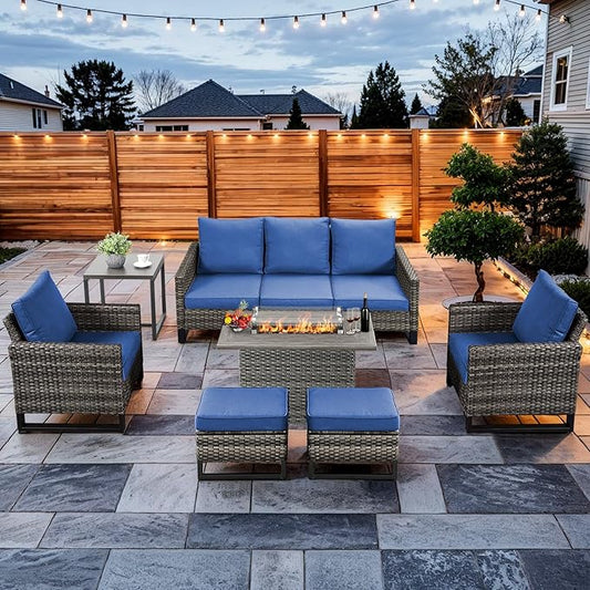 HUMMUH 7 Piece Patio Furniture Set with Fire Pit Table 41in 55,000 BTU,Wicker Outdoor Conversation Sets - Outdoor Chairs Set of 2 Patio Sofa for Porch,Garden,Backyard