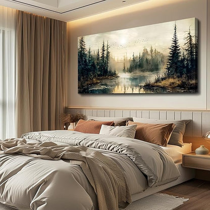 FUHAIHUA Canvas Wall Art For Living Room Large Wall Decor For Bedroom Modern Office Wall Decorations Forest River Landscape Paintings Farmhouse Pictures Artwork Room Aesthetic Home Decor 20x40 In