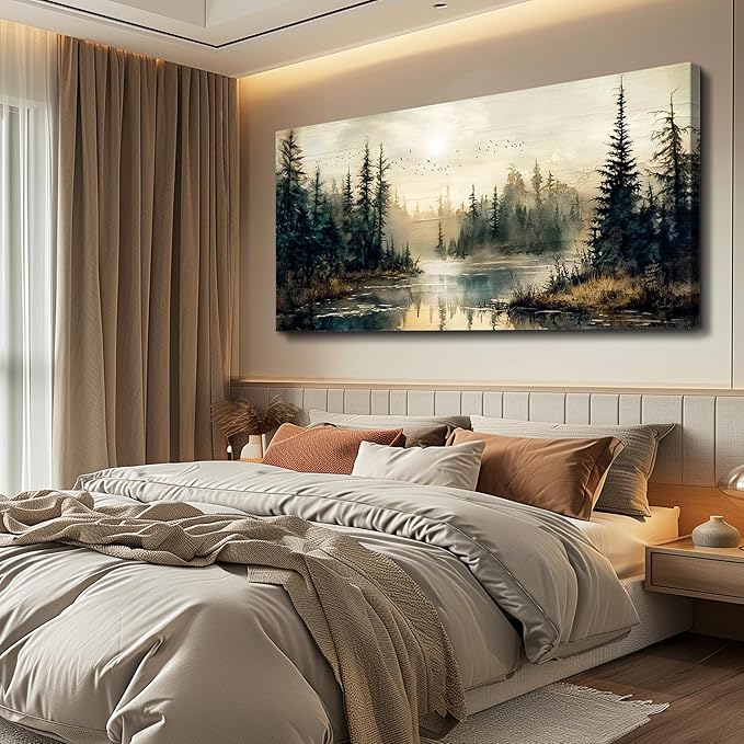 FUHAIHUA Large Wall Decor For Living Room Canvas Wall Art For Office Farmhouse Wall Decorations For Bedroom Forest River Landscape Paintings Modern Pictures Artwork Room Home Decor 24x48 In