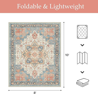GENIMO Outdoor & Indoor Area Rug 8'x10', Waterproof, Non-Shedding, Easy Cleaning, Boho Mat for Patio, Living Room, Balcony, Dining Room, RV, Deck, Bedroom, Camping, Outside Carpet,Blue Salmon