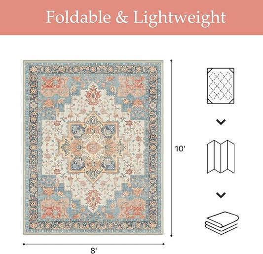 GENIMO Outdoor & Indoor Area Rug 8'x10', Waterproof, Non-Shedding, Easy Cleaning, Boho Mat for Patio, Living Room, Balcony, Dining Room, RV, Deck, Bedroom, Camping, Outside Carpet,Blue Salmon