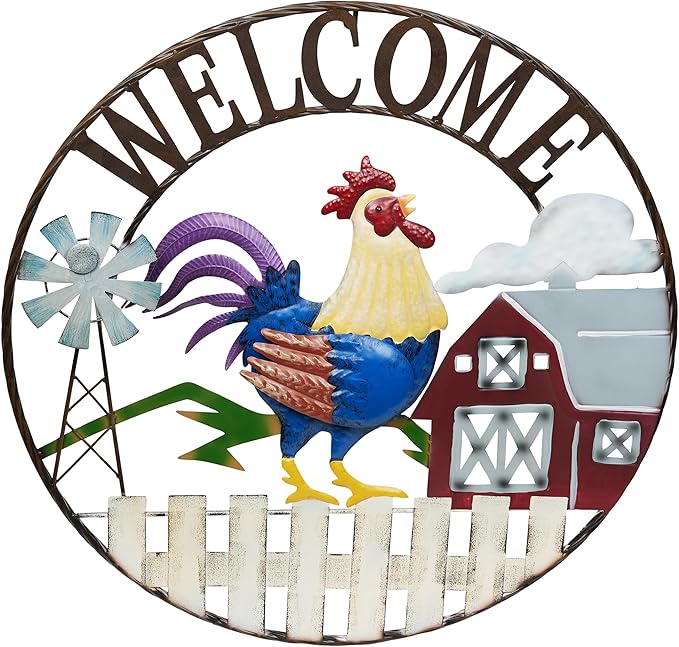 Alpine Corporation SCC578L Large Round Rooster and Farm Welcome Wall Decor, Sign for Entryway & Walkway, 30" Diameter, Multicolor