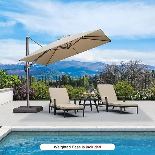 PURPLE LEAF 9' X 9' Patio Umbrella With Base Square Cantilever Umbrella Outdoor with 360° Rotation and Aluminum Offset Hanging for Pool Deck Garden Backyard, Beige