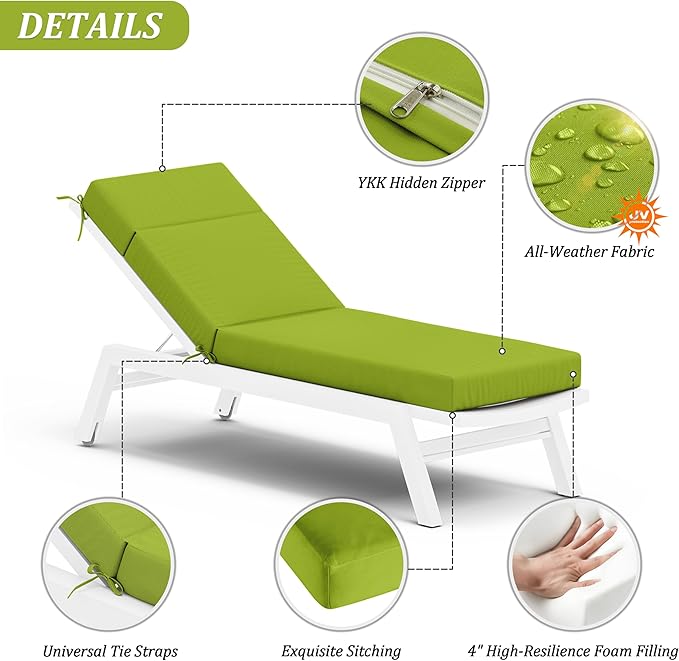 Chaise Lounge Cushion for Outdoor Furniture, Waterproof Fade and Tear Resistant Lounge Deck Chair Cushions for Patio Lawn Pool Resort Hotel