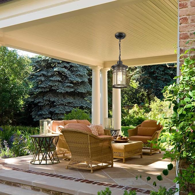 Darkaway Outdoor Pendant Lights for Porch, Outdoor Chandelier Hanging Porch Lights Ceiling Mount Aluminum with Seeded Glass for Front Porch Gazebo Patio (Medium, Black)