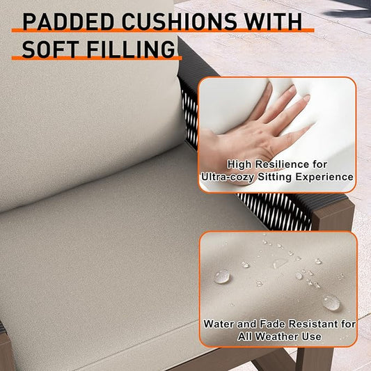 Rustic Hideaway Natural Cedar Wood Outdoor Furniture Set, Wicker Patio Conversation Set for Porch Garden Backyard, Couch, 4 Patio Chairs, Tables, 7 Piece, Brownish/Beige