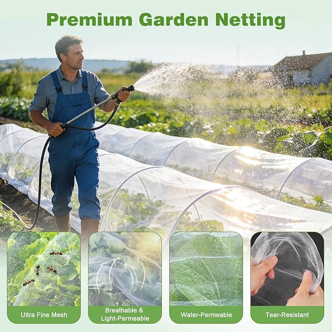 Garden Netting Pest Barrier, 10 X 50FT Insect Netting for Garden Raised Beds, Garden Mesh Netting Bug Netting Row Cover for Vegetables, Fruit Trees, Blueberry Bushes