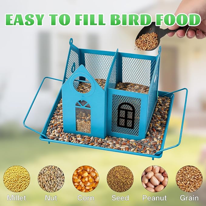 Solar Bird Feeder for Outdoors - Blue Metal Hanging Bird Feeder with Solar Light, Decorative for Wild Cardinals, Finches, Weatherproof Backyard Garden Decor Ideal Gift for Women Mom Grandma