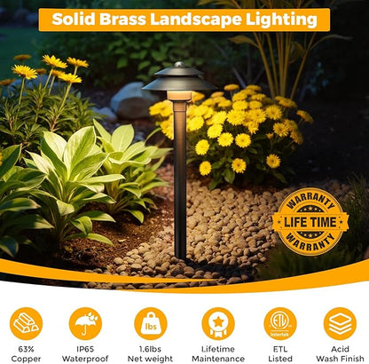 Gardencoin Solid Brass Low Voltage Landscape Pathway Lights (6'' Shade, 19'' Tall), 12V LED Heavy Duty Path Lighting Outdoor Wired, Waterproof Antique Bronze Walkway Light Without G4 Bulb, 4 Pack