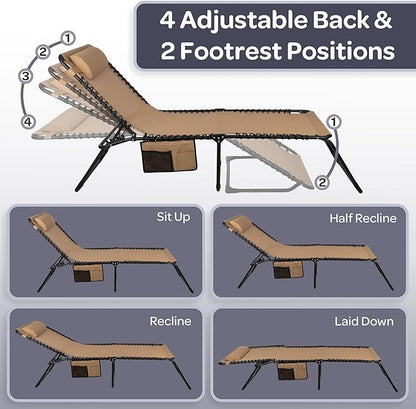 Lavish Home Folding Lounge Chair Outdoor Recliner - 3 Position Chaise Lounge Outdoor Beach Tanning Chair with Side Pocket and Removable Pillow - Portable Patio Furniture for Pool or Lawn (Beige)