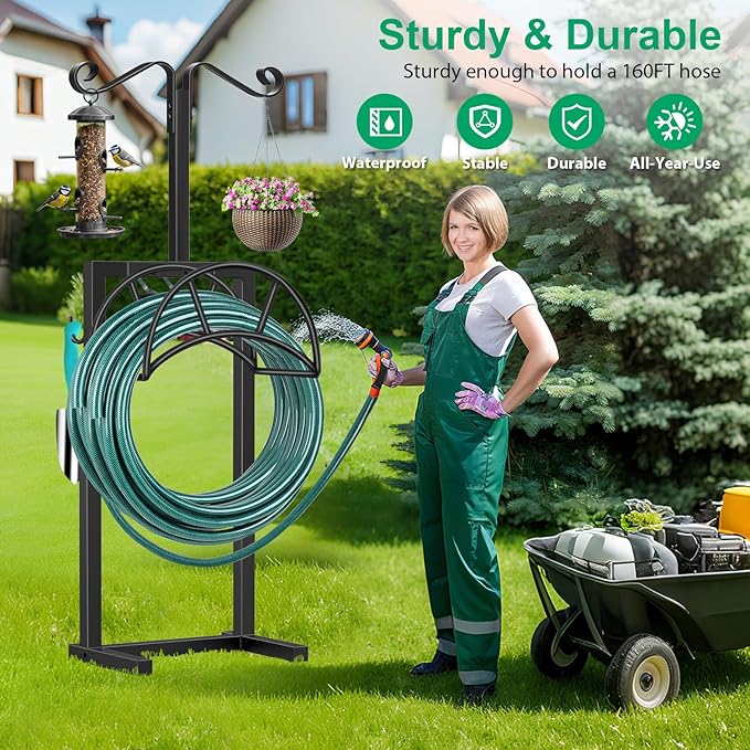 TomCare Garden Hose Holder 4 Spikes Garden Hose Reel Hose Stand Upgraded Water Hose Storage with Tool Hooks Garden Hose Hanger Organizer Holds 160ft Hoses for Outside Yard Lawn, Black