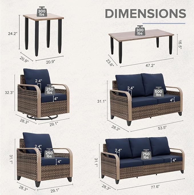 COOS BAY Modern Wicker Outdoor Furniture Set, Patio Conversation Set with Swivel Rockers, Patio Chairs, 3 Seat Couch, Loveseat, Coffee Table and Side Table, 8 Piece, Brown/Blue