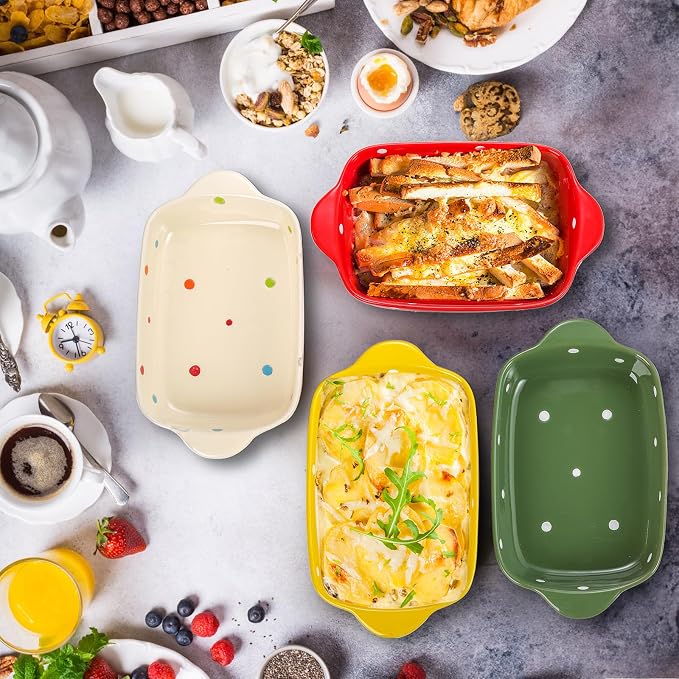 AVLA Set of 4 Ceramic Small Casserole Dishes, 7"x5" Porcelain Roasting Lasagna Pan, Individual Casserole Dishes Bakeware with Handle Rectangular Dish, Ceramic Baking Dish for Oven, 20 Oz, Polka Dot, Assorted Color