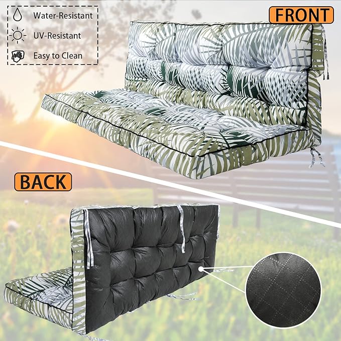 Swing Replacement Seat Cushions, 2-3 Seater Bench Cushions for Outdoor Furnitur with Backrest, Garden Recliner Seat Cushions Waterproof Sofa Pads (Green Leaves, 55x40in)