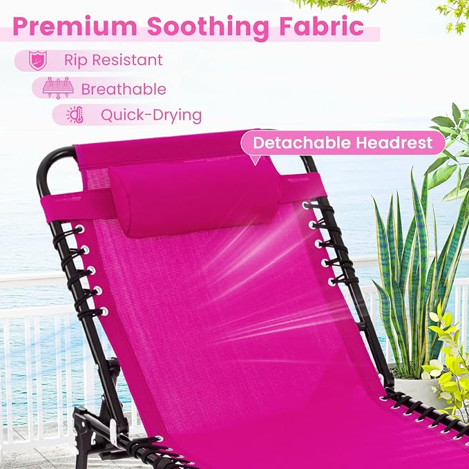 Goplus Folding Beach Lounge Chair w/Pillow for Patio Backyard Park Indoor and Outdoor, Adjustable 4-Level Backrest and 2-Level Footrest (Pink, 1 PCS Ordinary Size)
