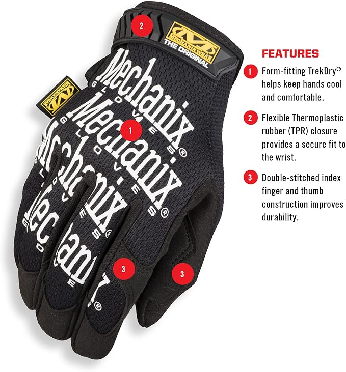 Mechanix Wear Original Work Gloves - Multi-Purpose Outdoor Work Gloves - Secure Fit - Durable & Machine Washable - Breathable & Comfortable - XX-Small - Black
