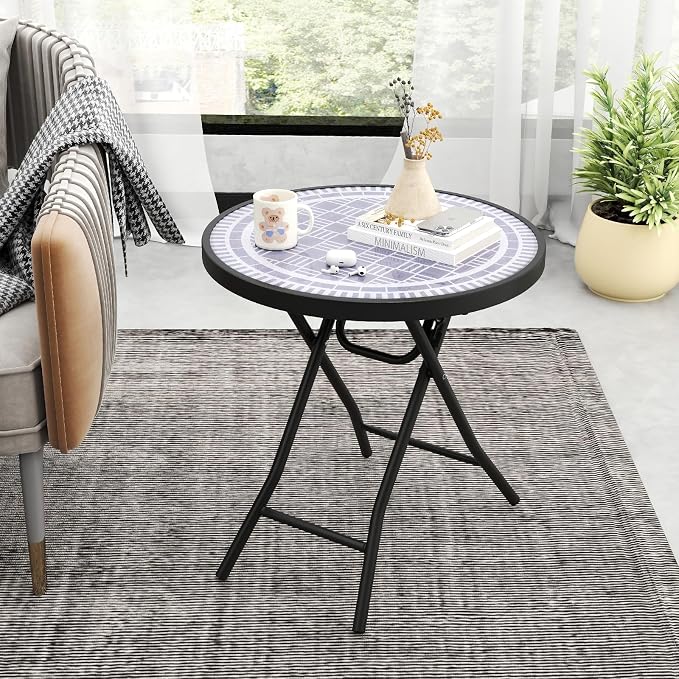 Giantex Folding Outdoor Side Table with Tempered Glass Tabletop & Metal Frame, Portable 18” Round End Table for Patio, Sofa Side, Yard, Porch, Poolside Living Room, Grey