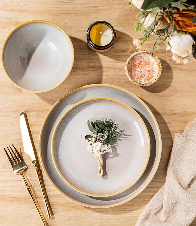 TheTerra Stoneware Dinnerware Sets for 4, 12 Pieces Ceramic Plates and Bowls Sets, Scratch Resistant Dish Set, Oven, Microwave & Dishwasher Safe, Autumn Haze
