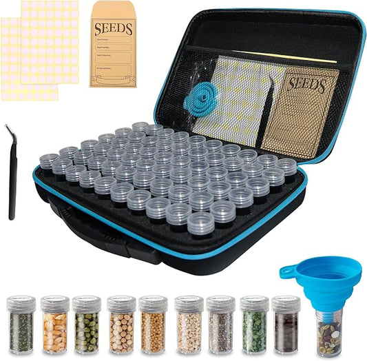 60 Slots Seed Storage Organizer Box with 10 Seed Envelopes, Large Capacity Seed Storage Container with Zipper Bag, Label Stickers, Tweezers, Funnel, Garden Seeds Saver Kit for Vegetable, Flower