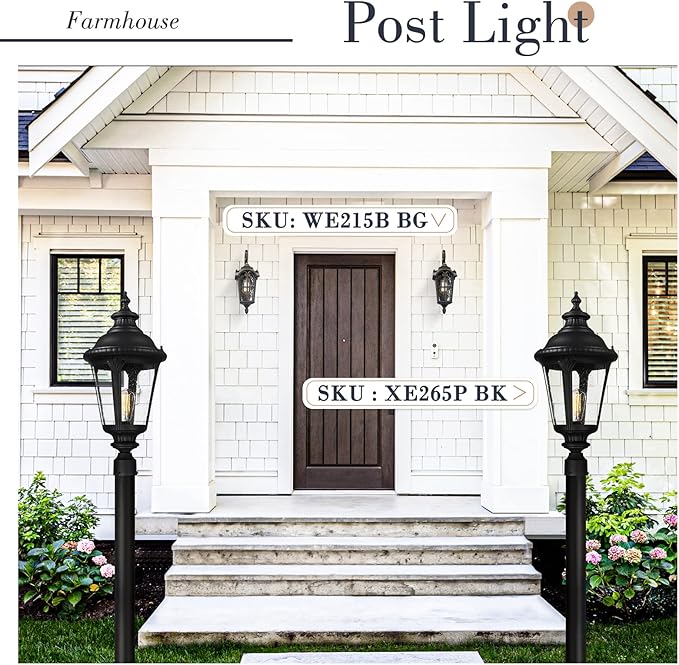 Emliviar 25 Inch Outdoor Post Light for House, Vintage Exterior Pole Lantern Light Fixture, Black Finish with Seeded Glass Shade, XE265P BK