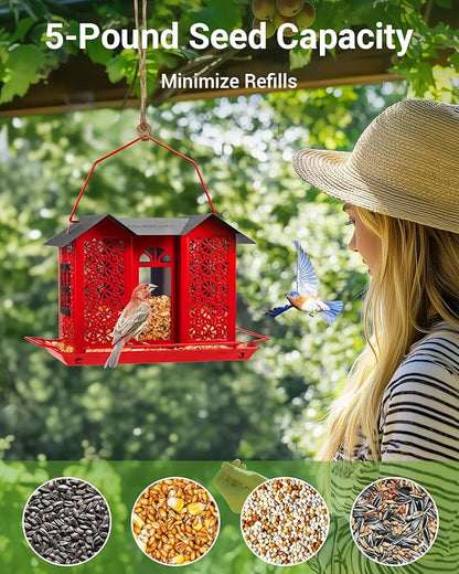 HouseSapp Bird Feeders for Outdoors, Metal Mesh Wild Bird Feeder with Triple Feeders for Finch Cardinal Chickadee, Large Capacity, Weatherproof and Durable, Red
